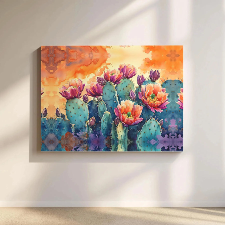 Watercolor Cactus Wall Art | Southwestern Desert Bloom Illustration | Premium Fade-Resistant Canvas | Modern Botanical Decor Gift