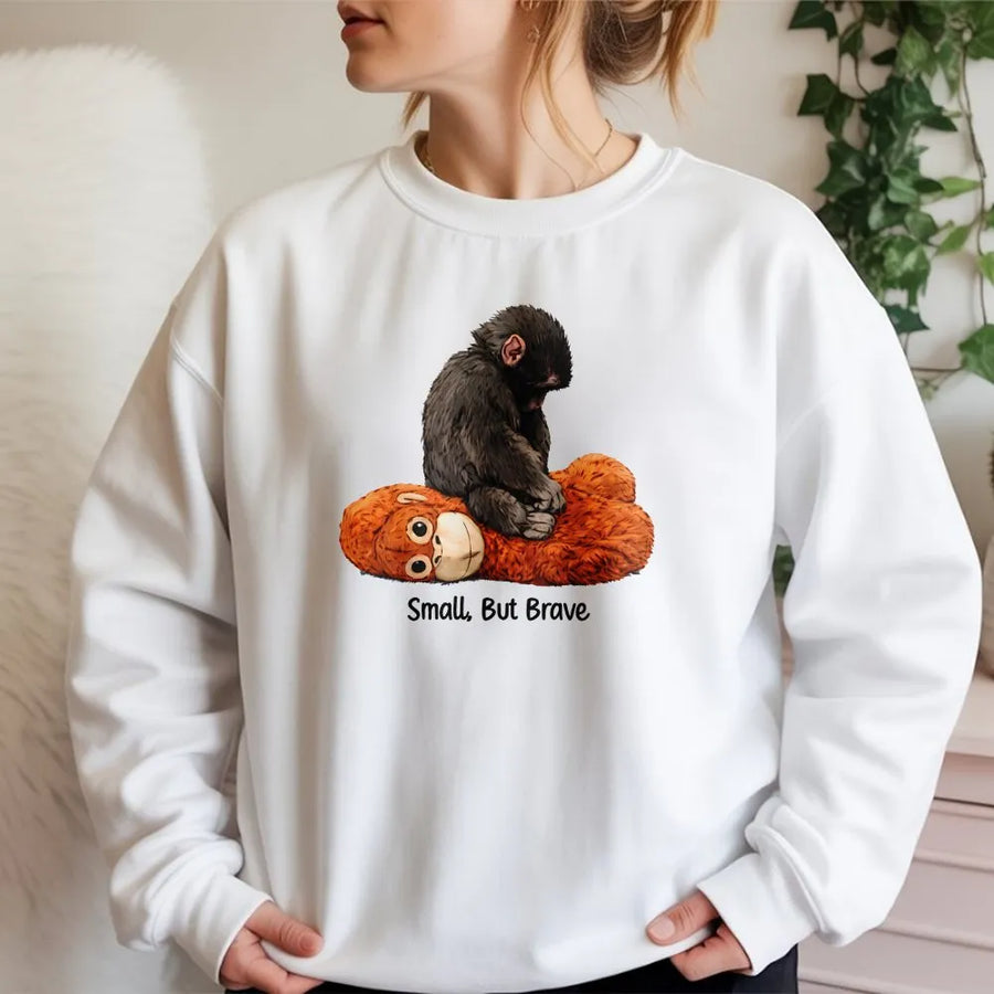 Small But Brave Baby Monkey Sweatshirt | Cute Graphic Animal Illustration | Premium Cotton Blend Cozy Pullover | Whimsical Gift For Animal Lovers