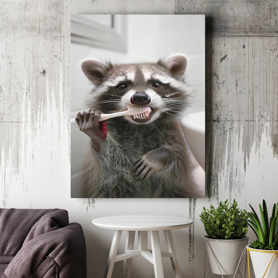 Funny Raccoon Brushing Teeth Canvas Art | Cute Animal Bathroom Wall Decor | Premium 1.25" Thick Gallery Wrap | Unique Gift for Animal Lovers