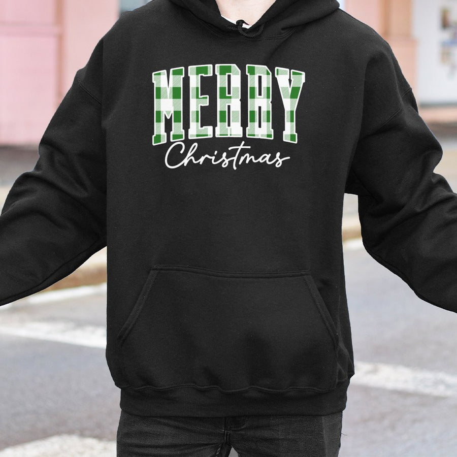 Merry Christmas Hoodie | Green Plaid Varsity Lettering | Cotton Blend Premium Sweatshirt | Cozy Holiday Gift for Women and Family