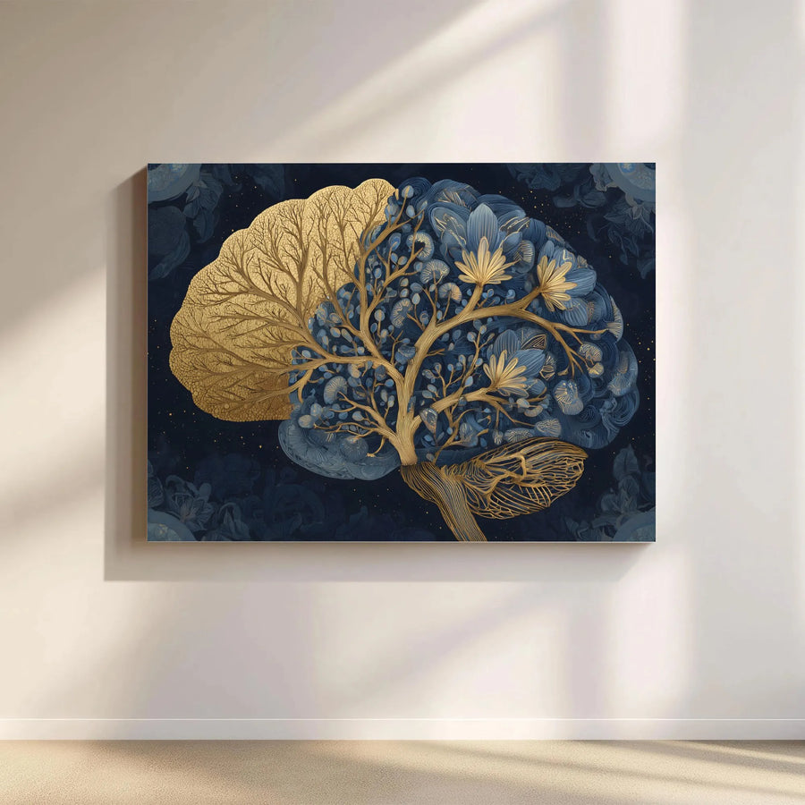 Anatomy Brain Canvas Print | Gold & Blue Botanical Tree of Life | Premium Gallery Wrapped Wall Art | Neurology Office Decor Gift for Doctor