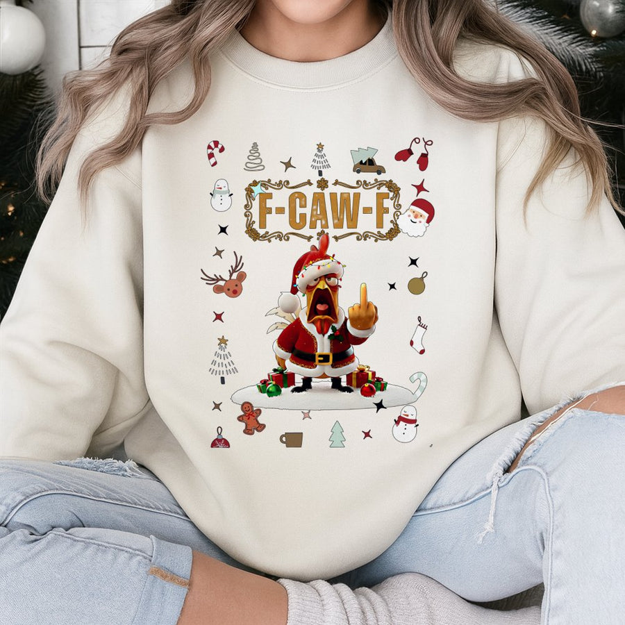 F-Caw-F Christmas Sweatshirt | Funny Santa Chicken Middle Finger Graphic | Premium Cotton Blend Crewneck | Unisex Holiday Gift for Him and Her