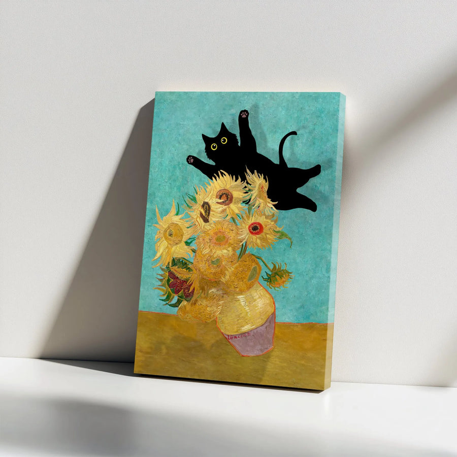 Funny Black Cat Van Gogh Canvas Print | Sunflowers Parody Painting | Premium Gallery Wrapped Art | Gift for Cat Lovers & Art History Fans