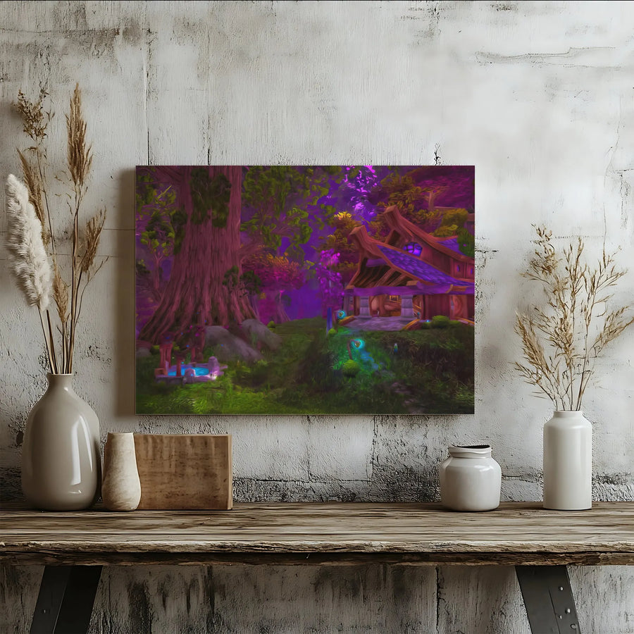Enchanted Forest Canvas Wall Art | Mystical Elven Cottage Landscape | Premium Gallery Wrapped Print | Fantasy Decor Gift for Gamers