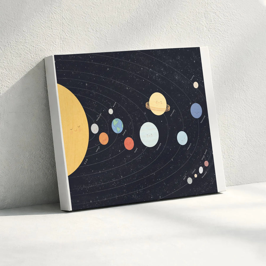 Solar System Canvas Wall Art | Cute Planets Illustration, Educational Space Map | Premium Gallery Wrap Canvas | Kids Room & Nursery Decor Gift