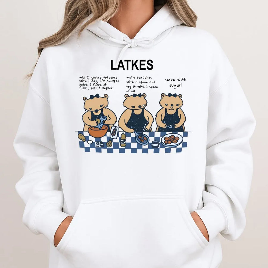 Latkes Hanukkah Hoodie | Cute Bear Potato Pancake Recipe Graphic | Premium Cotton Blend | Funny Jewish Holiday Gift for Men and Women