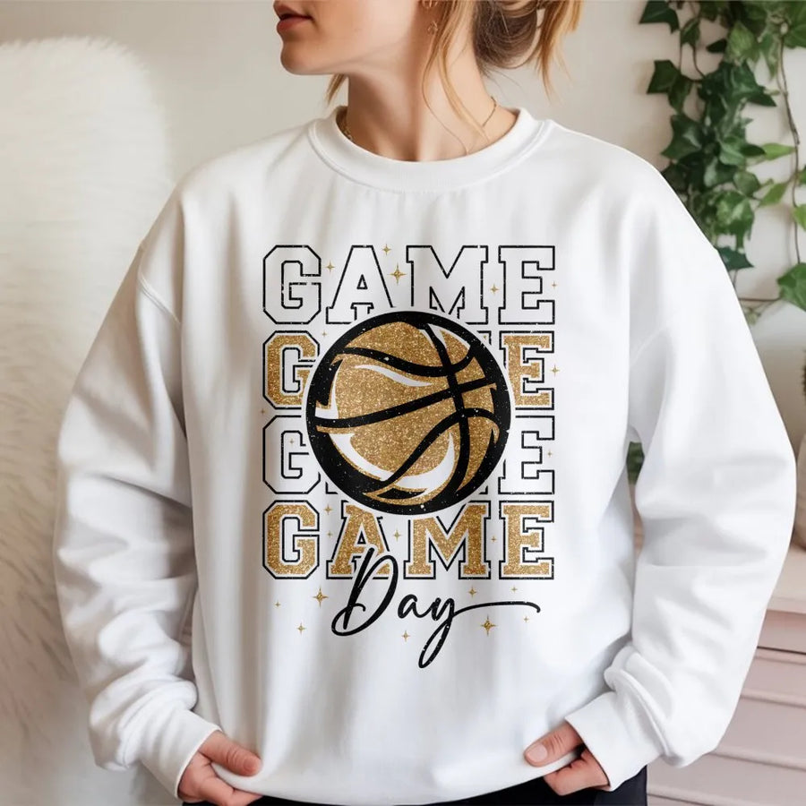 Game Day Basketball Sweatshirt | Glitter Gold Graphic Print | Premium Cotton Blend Crewneck | Gift For Basketball Mom and Sports Fan