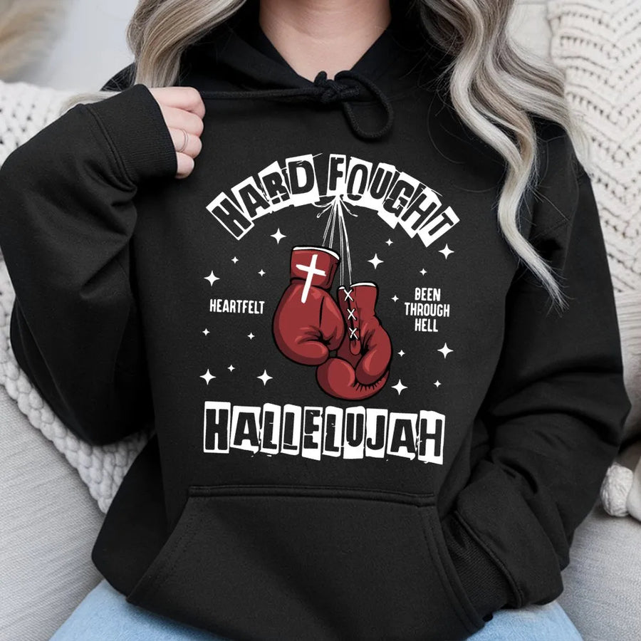 Hard Fought Hallelujah Hoodie | Christian Boxing Gloves Graphic | Cotton-Poly Blend Premium Apparel | Faith Warrior Motivation Gift For Men Women