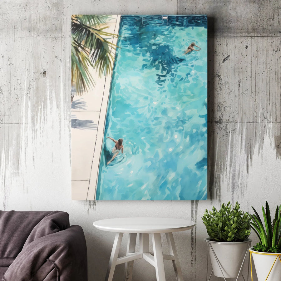 Swimming Pool Canvas Wall Art | Watercolor Summer Scene Print | Premium 1.25" Thick Canvas | Modern Coastal Home Decor Gift