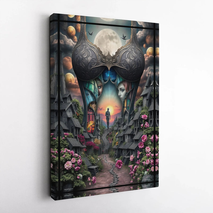 Surreal Fantasy Canvas Print | Corset Illusion with Gothic Village Art | Premium Thick Gallery Wrap | Unique Home Decor Gift for Fantasy Lovers