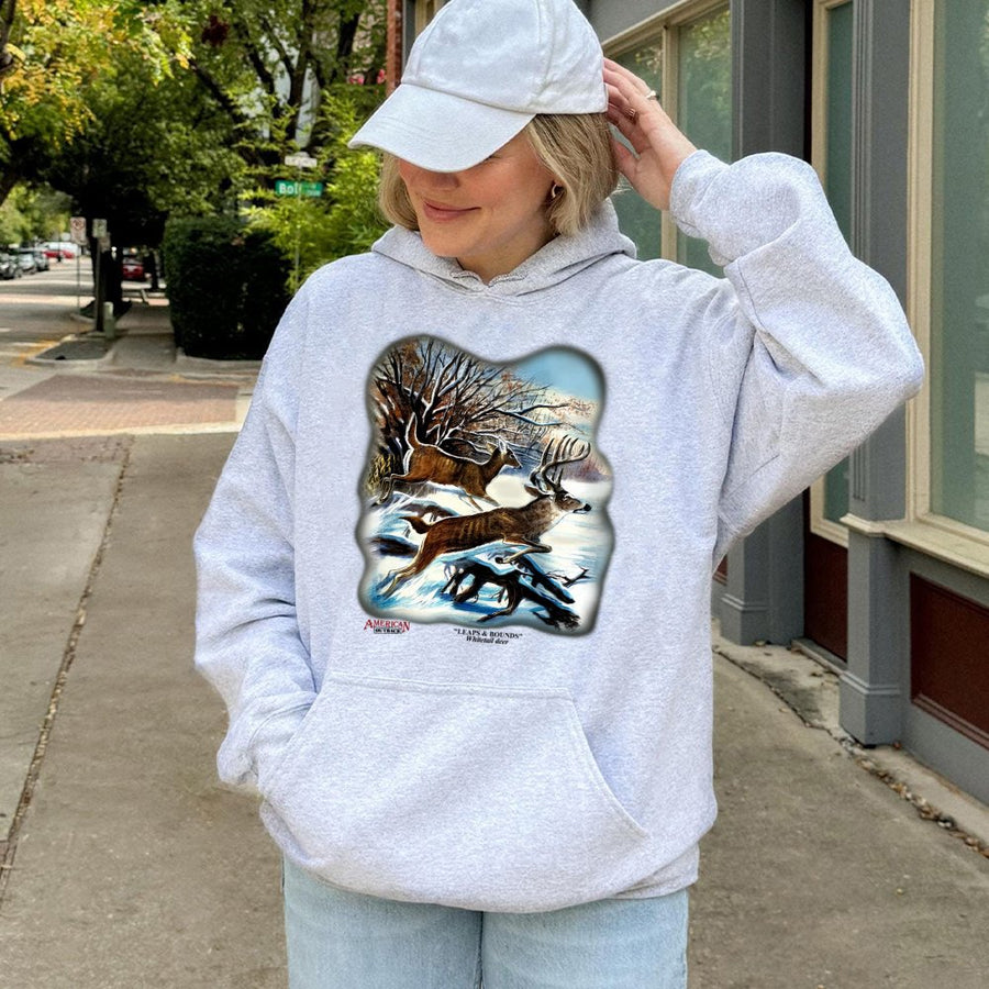 Whitetail Deer Hoodie | Leaping Bucks Nature Graphic | Premium Cotton Blend Sweatshirt | Wildlife Lover Gift For Hunters