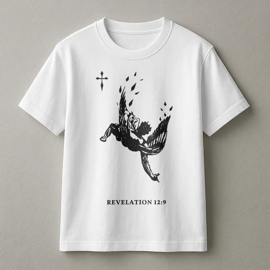 Revelation 12:9 Angel T-Shirt | Fallen Angel Graphic Print | 100% Cotton Premium Tee | Faith-Based Christian Streetwear Gift for Believers
