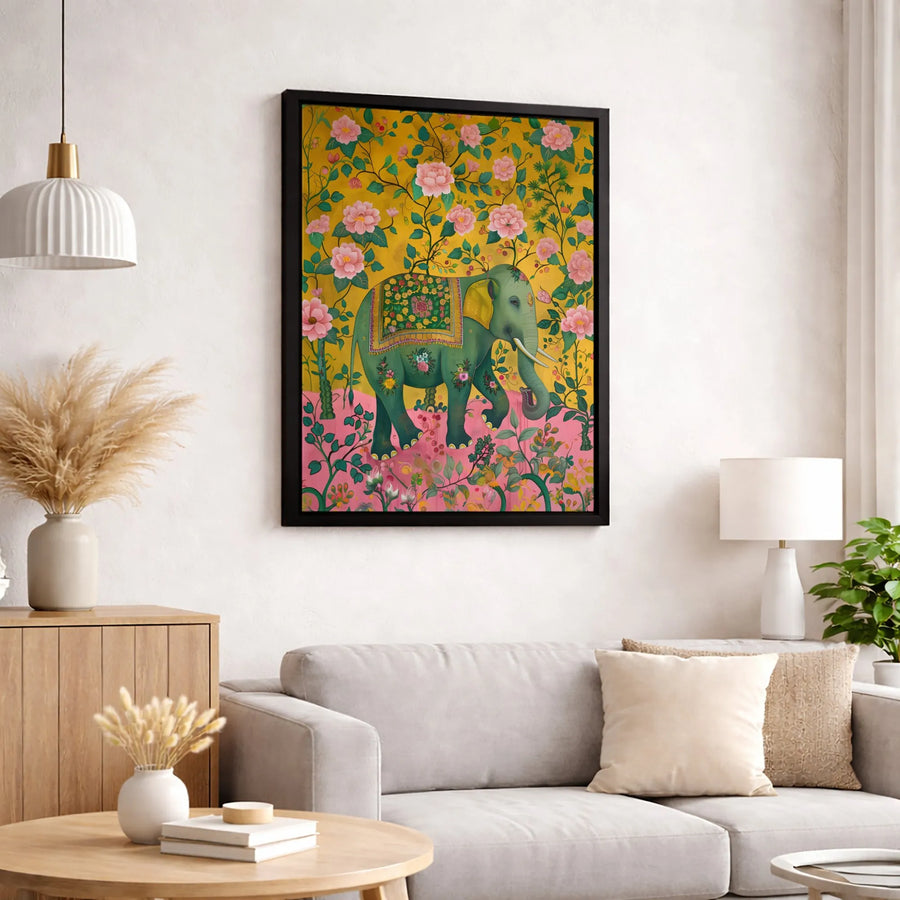 Indian Elephant Canvas Wall Art | Floral Folk Art Decor | Premium Fade-Resistant Print | Bohemian Home Office Gift