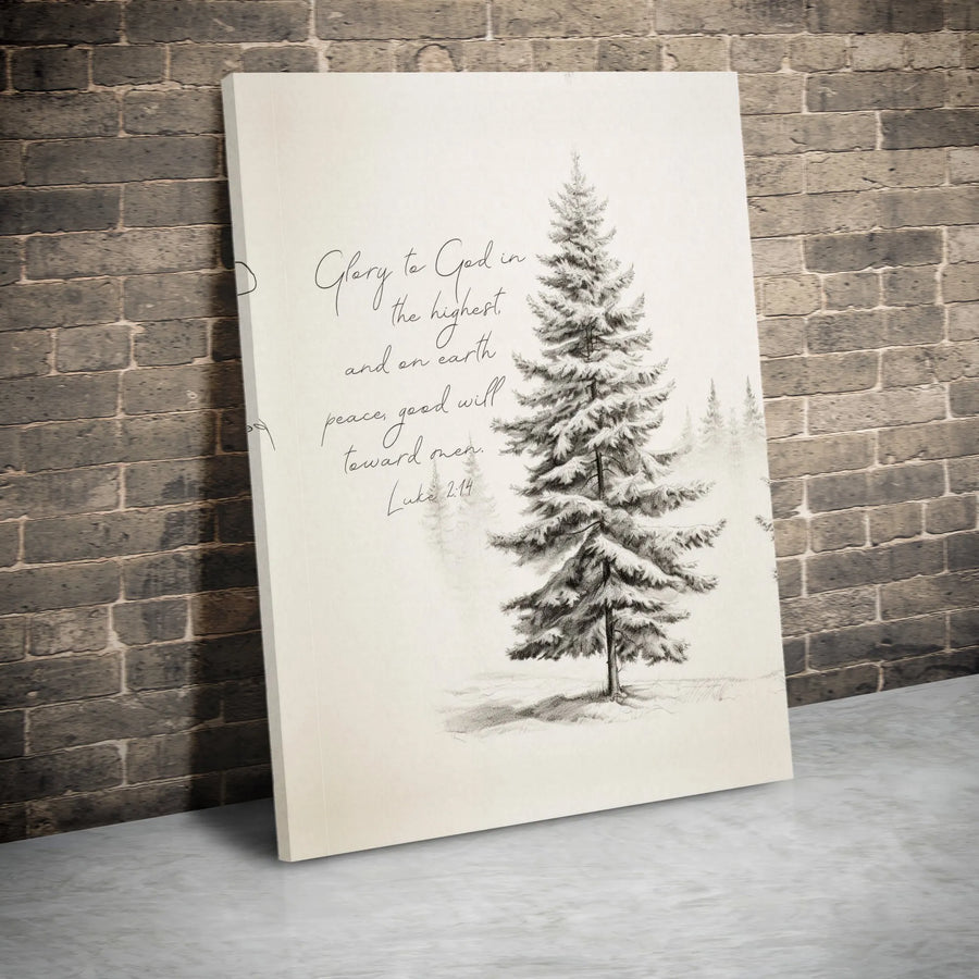 Luke 2:14 Canvas Wall Art | Christmas Bible Verse Pine Tree Decor | Gallery-Wrapped 1.25" Premium Print | Religious Holiday Home Gift