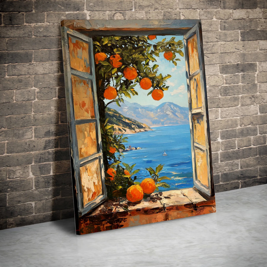 Mediterranean Coastal Canvas Art | Italian Orange Tree Window View | Gallery-Wrapped Premium Print | Scenic Wall Decor for Living Room