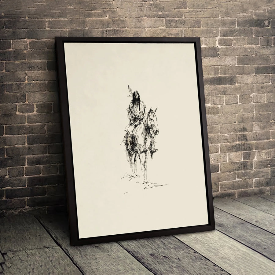 Native American Horseback Sketch Canvas Art | Western Pencil Drawing Print | Premium Gallery Wrapped Wall Decor | Southwestern Home Office Gift