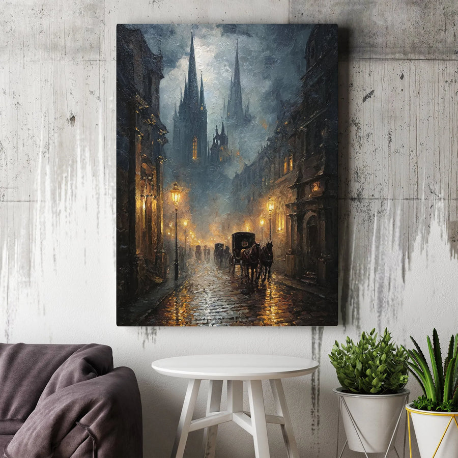 Gothic Cityscape Vertical Canvas Print | Victorian Rainy Night Art | Premium Gallery Wrapped Canvas | Dark Academia Home Decor Gift