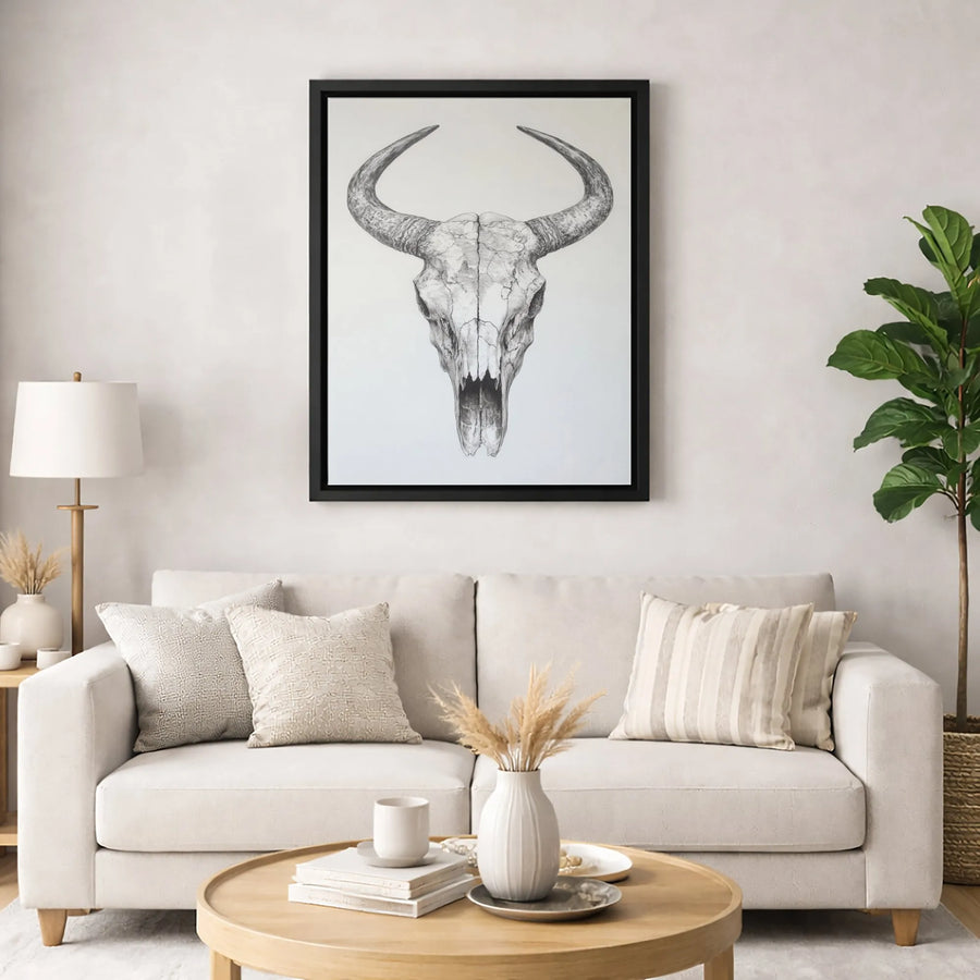 Bull Skull Canvas Art | Southwestern Sketch Wall Decor | 1.25 Inch Gallery Wrapped Print | Modern Western Farmhouse Home Gift