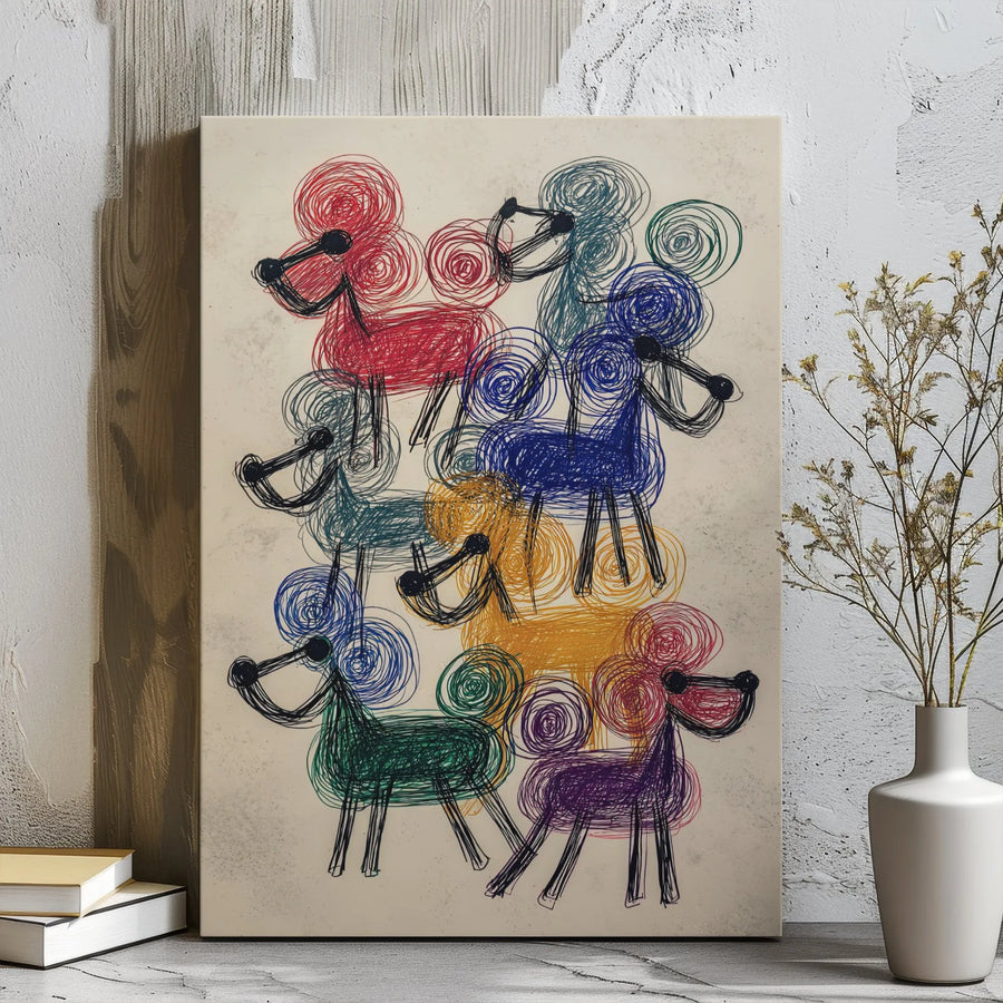 Colorful Poodle Dog Canvas Wall Art | Abstract Scribble Line Art Design | Premium 1.25 inch Gallery Wrap | Modern Home Decor Gift for Dog Lovers