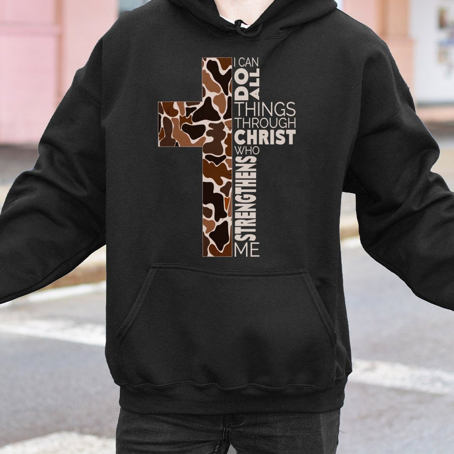 I Can Do All Things Through Christ Hoodie | Leopard Print Cross Bible Verse Design | Premium Cotton Blend | Christian Faith Gift for Men & Women