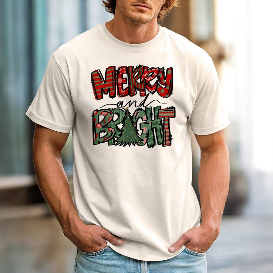 Merry and Bright T-Shirt | Festive Plaid Christmas Tree Design | 100% Premium Soft Cotton | Holiday Gift for Women and Men