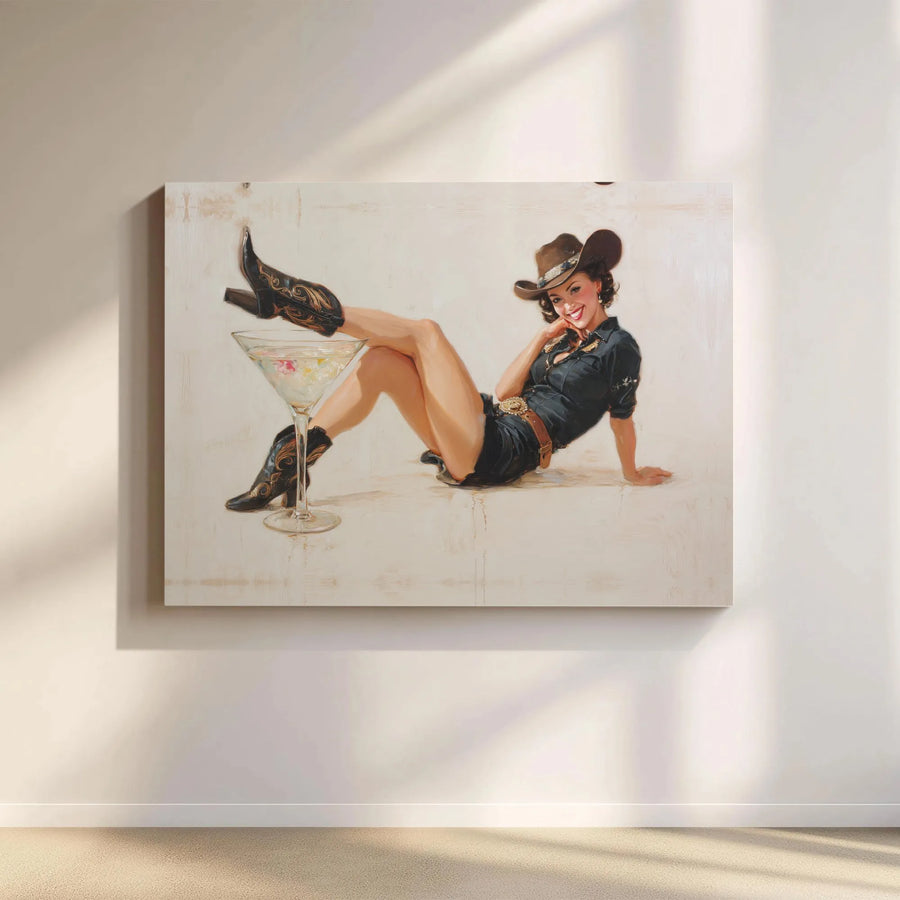Pin-Up Cowgirl Canvas Art | Retro Western Martini Glass Decor | 1.25" Gallery Wrap Premium Print | Fun Bar & Kitchen Wall Decor for Home