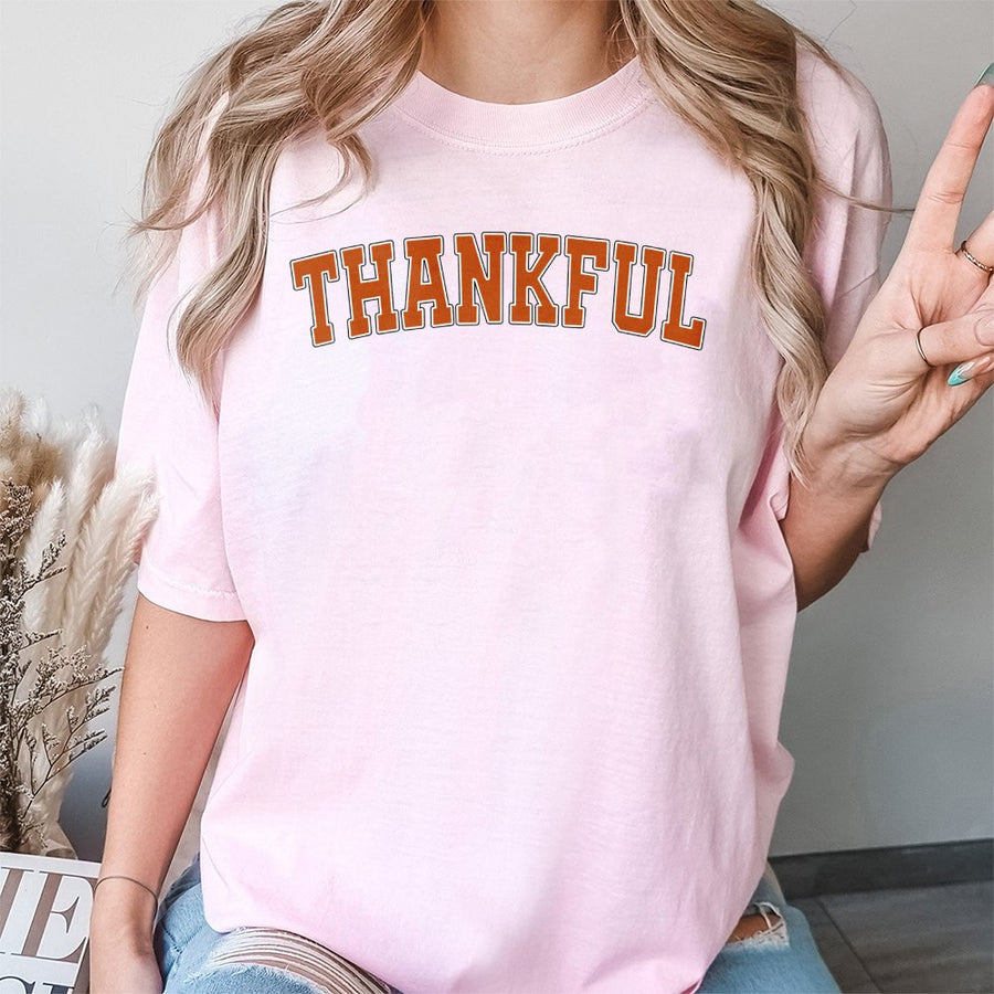 Thankful T-Shirt | Varsity College Font Graphic Tee | Premium 100% Cotton Shirt | Cute Fall Thanksgiving Gift for Women and Men