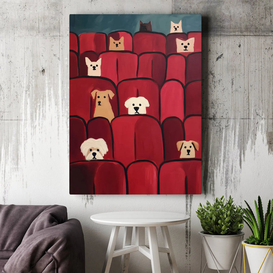 Funny Dogs in Movie Theater Vertical Canvas | Whimsical Animal Cinema Art Print | Premium Gallery Wrapped Canvas | Gift for Dog Lover and Movie Buff