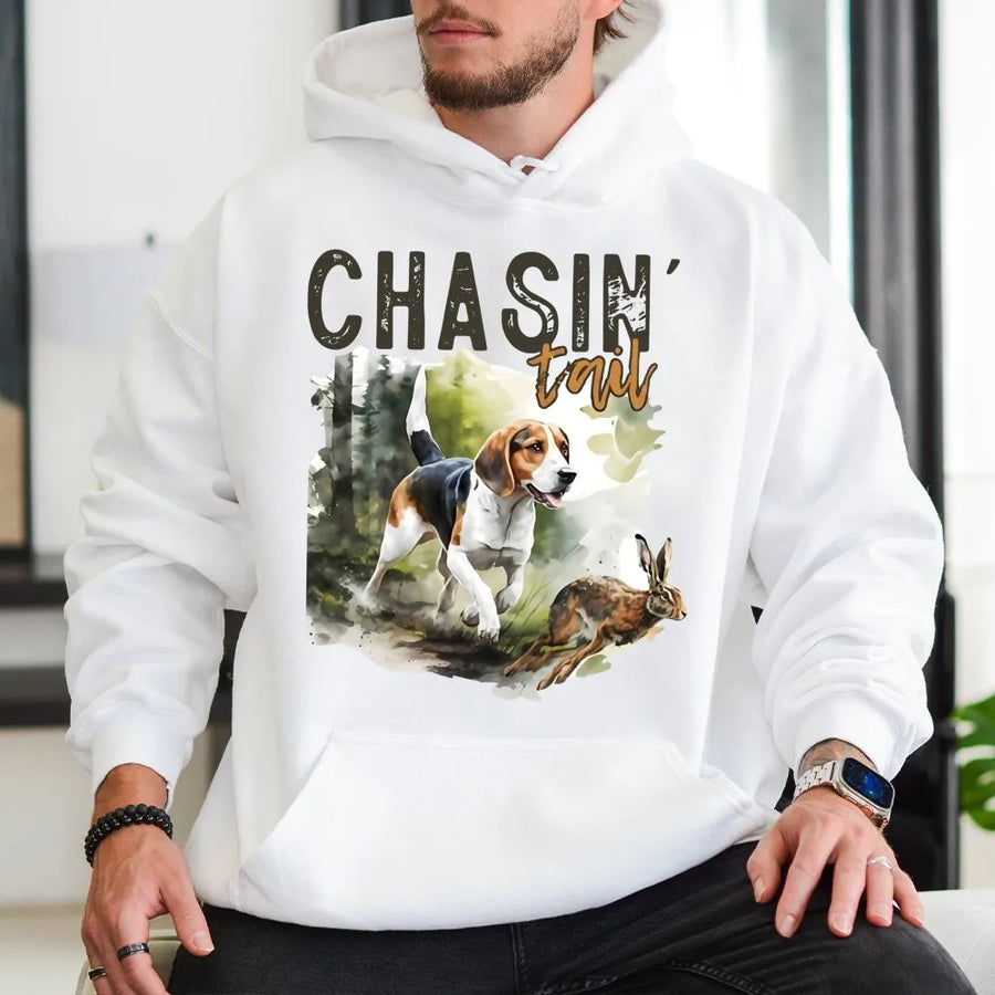 Beagle Hunting Hoodie | Chasin' Trail Rabbit Dog Graphic | Premium Cotton Blend | Gift for Hunter Dad and Outdoor Enthusiast