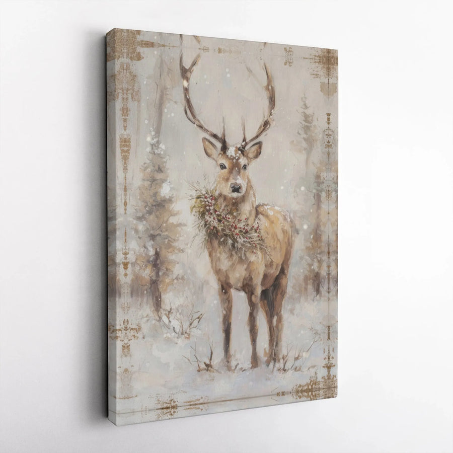 Rustic Winter Deer Canvas | Christmas Wreath Snowy Forest Wall Art | Premium Gallery Wrapped Decor | Holiday Farmhouse Home Gift