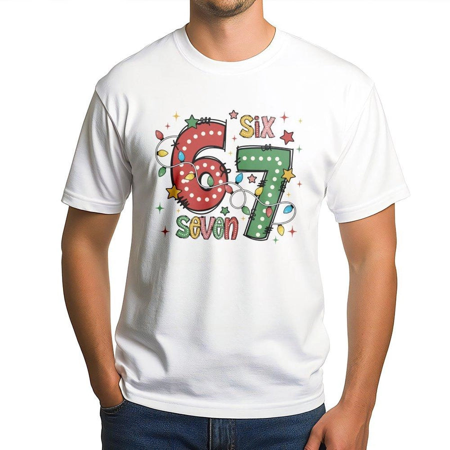 67 Birthday Christmas T-Shirt | Holiday Lights Festive Number Graphic | Premium Soft Cotton Tee | Funny Xmas Party Gift for Kids and Adults