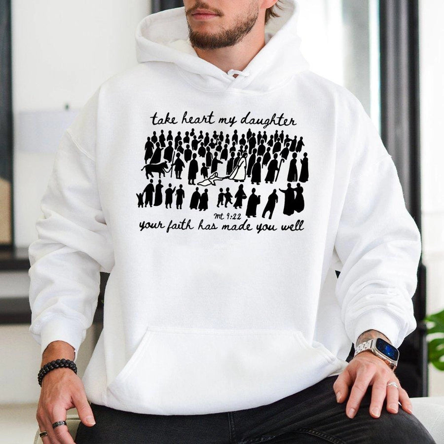 Christian Bible Verse Hoodie | Take Heart My Daughter Matthew 9:22 Graphic | Premium Cotton-Blend Comfort | Faith-Based Gift For Women