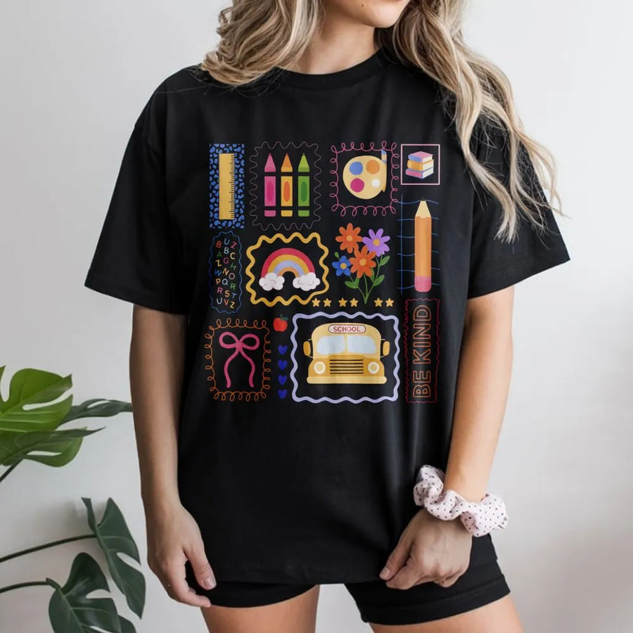 Teacher Back To School T-Shirt | Retro Doodle Classroom Supplies Graphic | Premium Soft Cotton | Cute Aesthetic Gift For Elementary Teachers