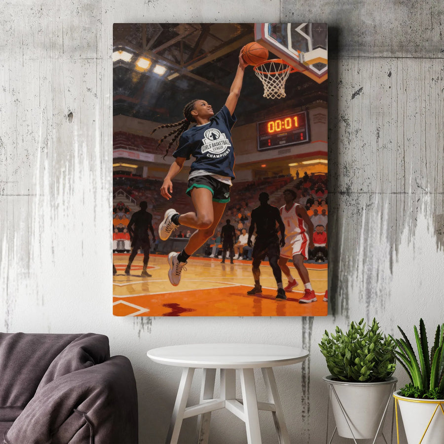 Girls Basketball Canvas Wall Art | Inspirational Female Player Dunk | Premium Gallery Wrapped Print | Motivational Sports Decor Gift for Daughter