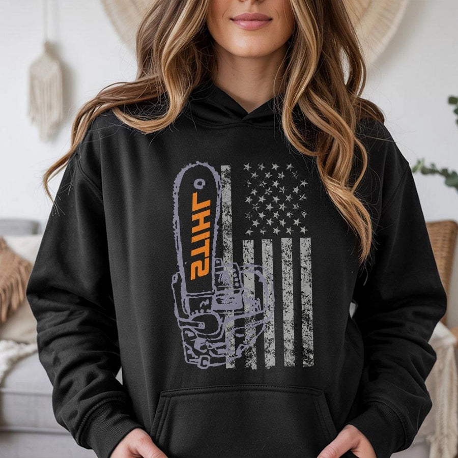 Chainsaw American Flag Hoodie | Vintage Distressed US Flag Design | Premium Cotton Blend | Gift for Logger, Arborist, and Repairman