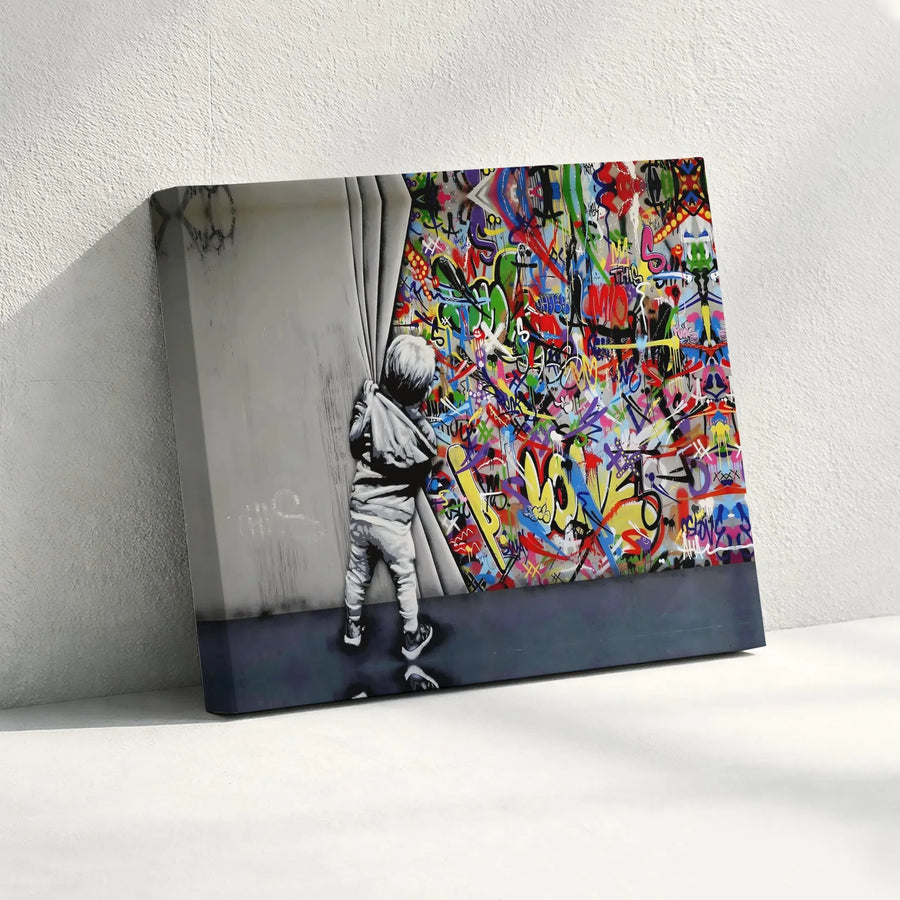 Graffiti Wall Canvas Art | Street Art Boy Pulling Curtain Print | Premium 1.25" Gallery Wrap | Modern Urban Living Room Decor