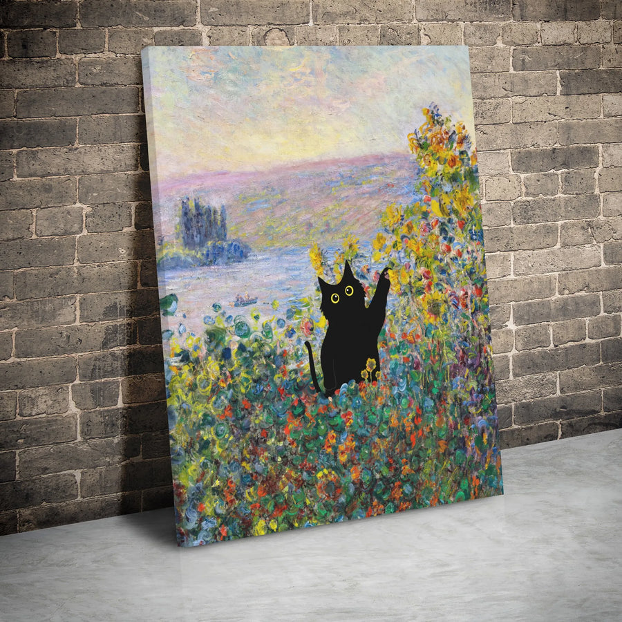 Black Cat Wall Art | Impressionist Monet Style Garden Painting | Premium Gallery Wrapped Canvas | Whimsical Home Decor Gift for Cat Lovers