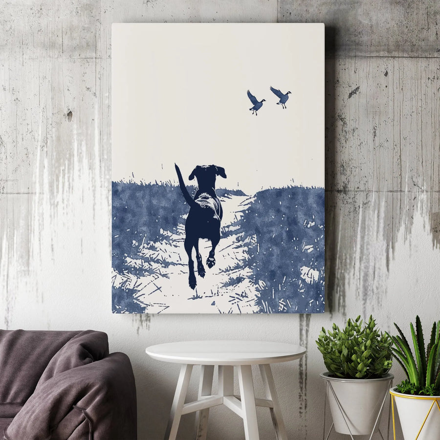 Hunting Dog Wall Art | Lab Chasing Geese Watercolor Print | Gallery Wrapped 1.25 Inch Canvas | Rustic Cabin Decor for Outdoorsmen