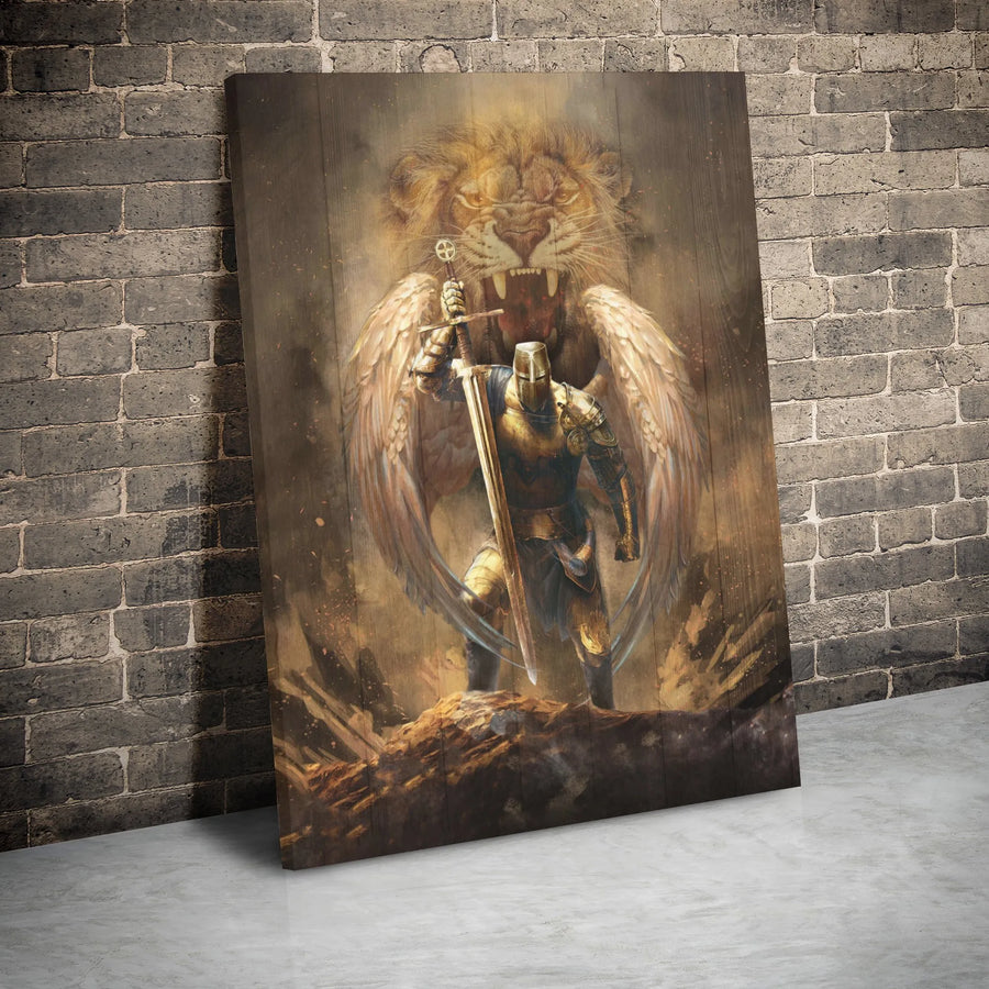 Winged Knight Templar Canvas Wall Art | Roaring Lion and Sword Warrior | Premium Gallery-Wrapped Print | Medieval Fantasy Home Decor Gift