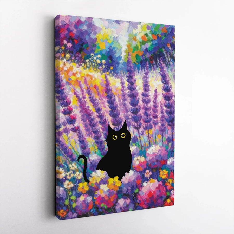 Black Cat Wall Art | Impressionist Lavender Field Print | Premium 1.25" Gallery Wrapped Canvas | Whimsical Animal Decor Gift for Cat Lovers