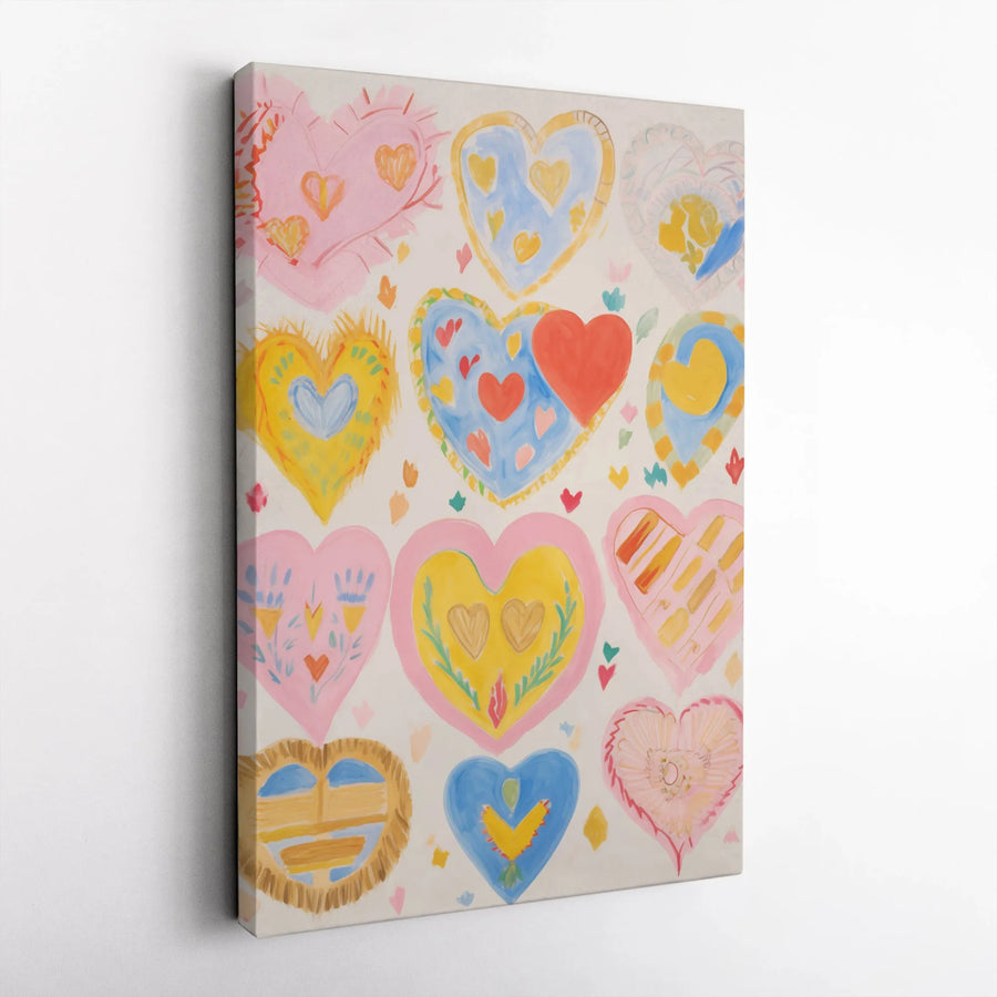 Colorful Folk Art Hearts Canvas Print | Handcrafted Whimsical Love Decor | 1.25 Inch Premium Gallery Wrap | Romantic Nursery or Bedroom Gift
