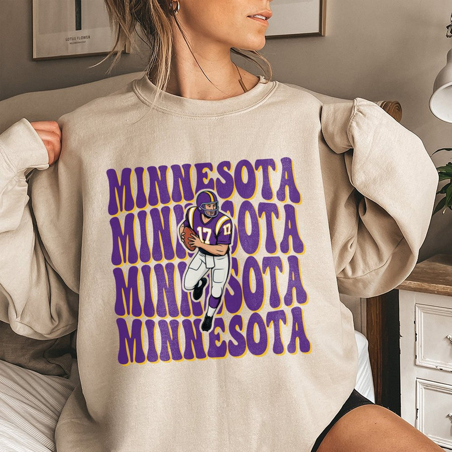 Minnesota Repeating Retro Text With A Minnesota Vikings Football Player Graphic Sweatshirt