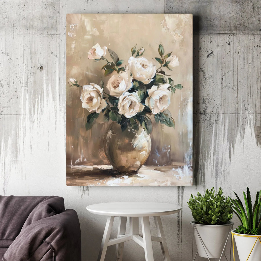 Vintage Roses Vertical Canvas | Oil Painting Style Still Life | Premium 1.25" Thick Gallery Wrap | Rustic Farmhouse Wall Decor Gift