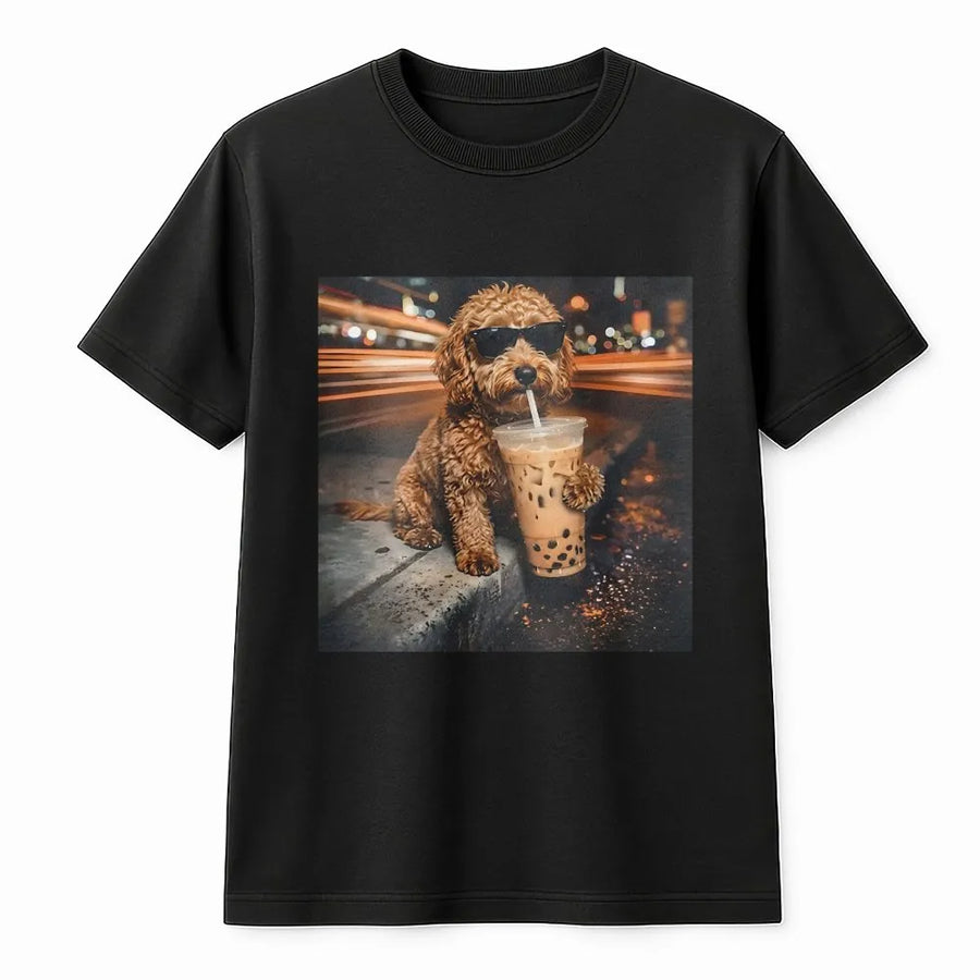 Funny Dog T-Shirt | Poodle with Sunglasses Drinking Boba Tea | Premium Cotton Tee | Unique Gift for Dog Lover