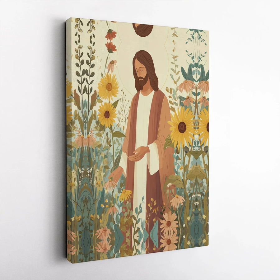 Jesus Wall Art Canvas | Jesus Christ in Sunflower Field Botanical Print | Premium Matte Canvas | Christian Home Decor Gift