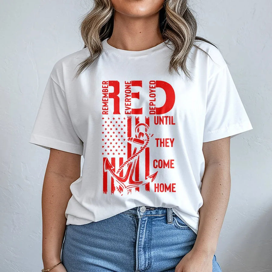 RED Friday T-Shirt | Remember Everyone Deployed Flag & Anchor | Premium Cotton Blend | Patriotic Gift for Military Family & Veteran Support