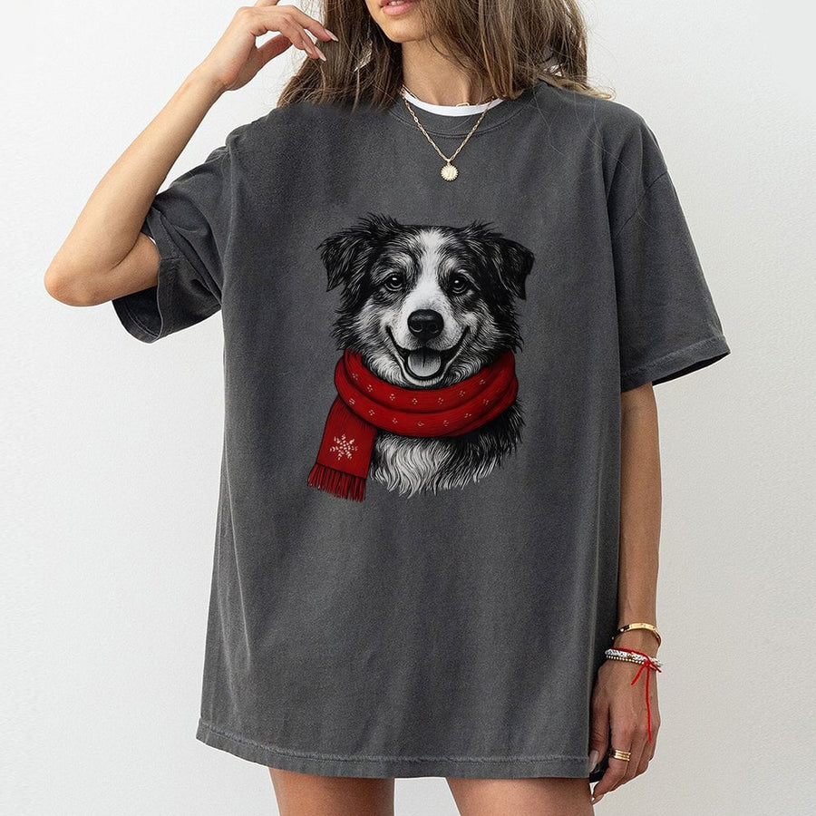 Christmas Dog T-Shirt | Cute Border Collie with Red Winter Scarf | 100% Cotton Premium Tee | Festive Gift for Dog Lovers