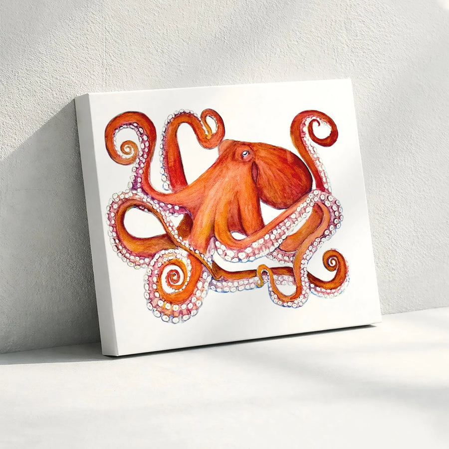 Octopus Watercolor Canvas Wall Art | Nautical Marine Animal Illustration | Premium Gallery Wrapped Canvas | Coastal Home & Bathroom Decor Gift