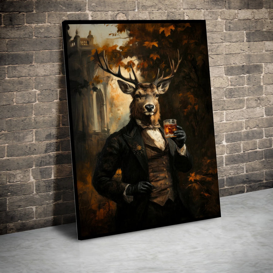 Gentleman Stag Canvas Art | Dapper Deer Drinking Whiskey Print | Premium 1.25" Gallery Wrap | Whimsical Animal Wall Decor for Home Office