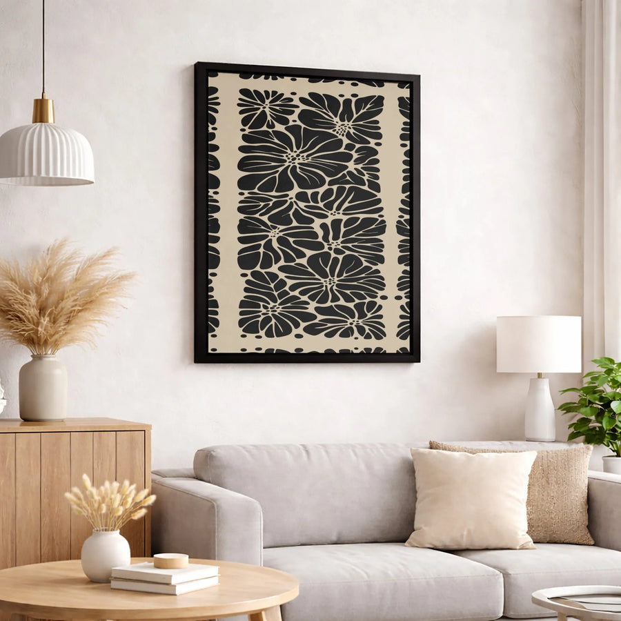 Boho Floral Canvas Print | Minimalist Black and Beige Botanical Art | 1.25-Inch Gallery Wrap | Premium Modern Wall Decor for Living Room